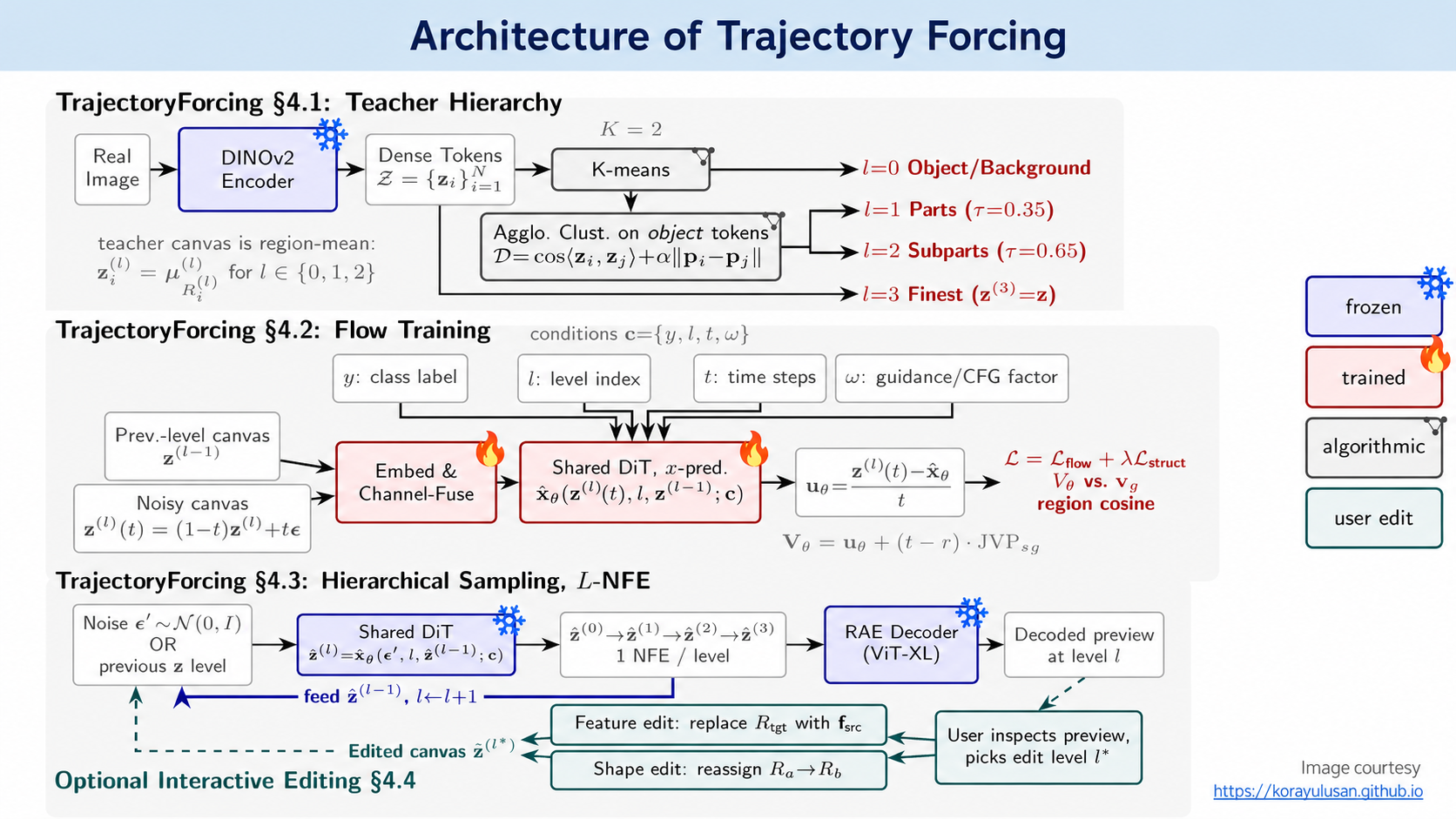Architecture of Trajectory Forcing, including teacher hierarchy construction, flow training, hierarchical sampling, and optional interactive editing.